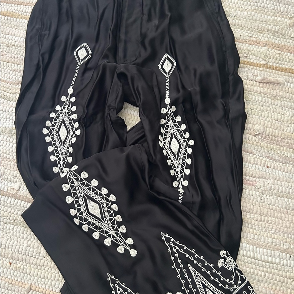 Zara Black Wide Leg Pants with White Embroidery
